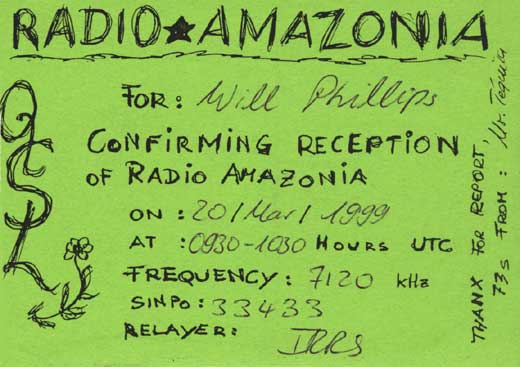 Radio Amazonia QSL card (back)