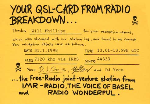 Radio Breakdown QSL card (back)