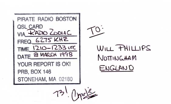 Pirate Radio Boston QSL card (back)