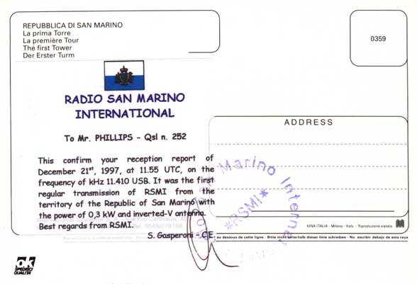 Radio San Marino International QSL card (back)