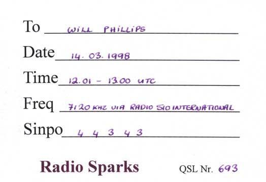 Radio Sparks QSL card (back)