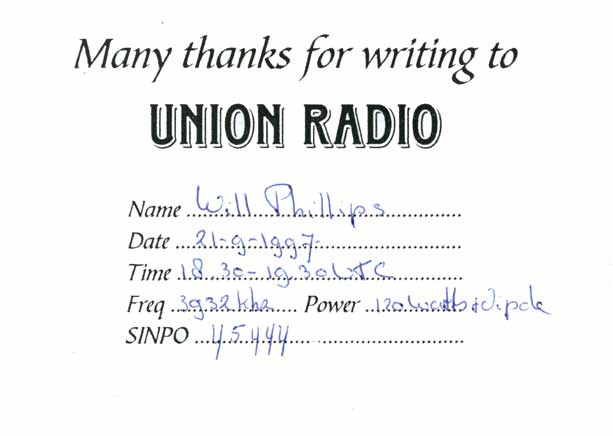 Union Radio QSL card (back)