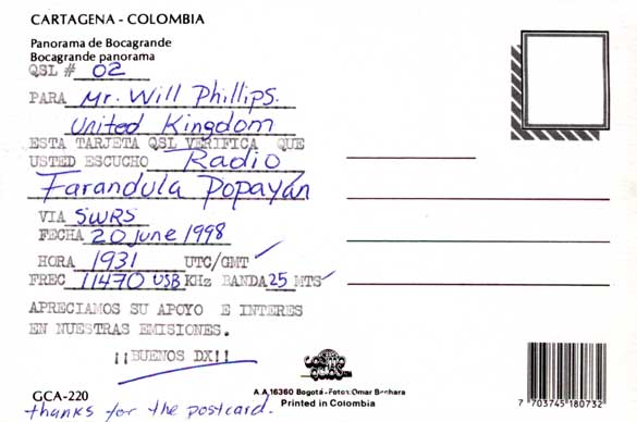 Radio Farandula Popayan QSL card (back)