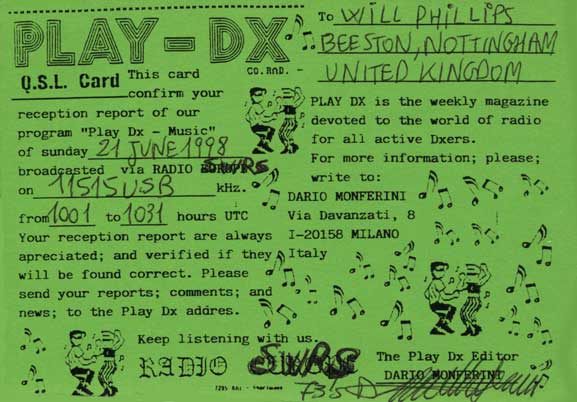 Play DX Music QSL card (back)