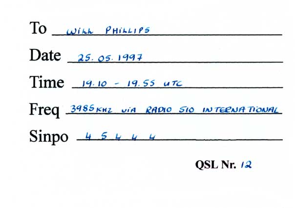 Radio 510 International QSL card (back)