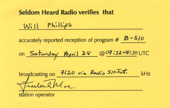 Seldom Heard Radio QSL card (back)