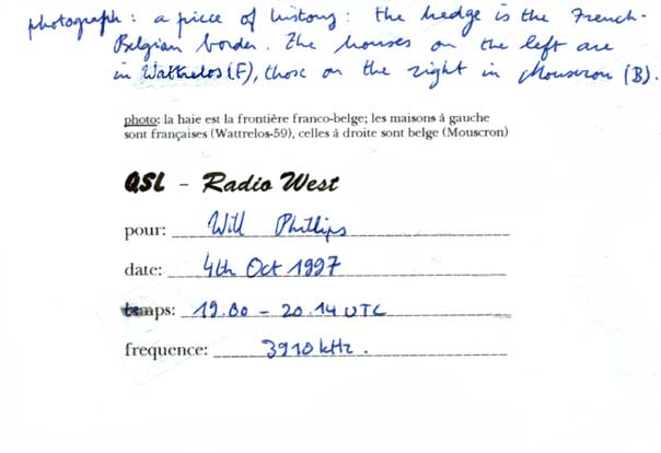 Radio West QSL card (back)