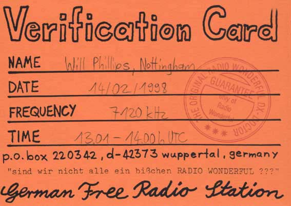 Radio Wonderful QSL card (back)